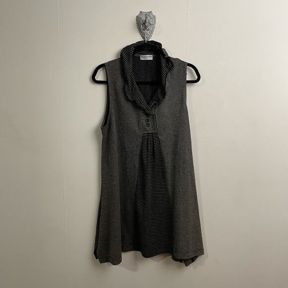 Terra L gray black tunic top blouse sleeveless tweed stripe medieval high neck - Picture 1 of 8
